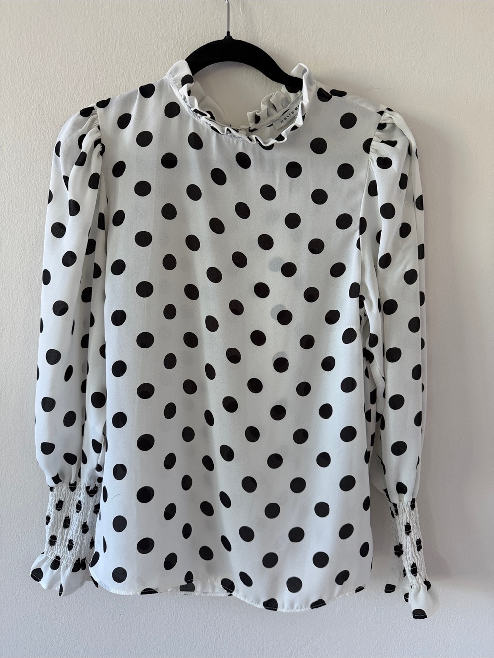 Blouse with Black Polka Dots and Ruffled Neck